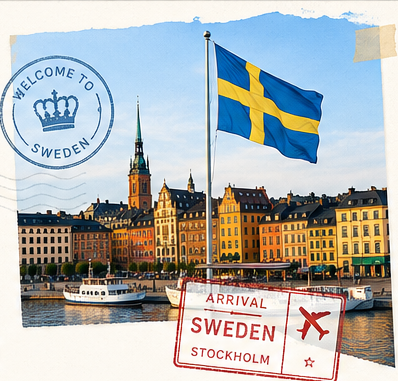 Stockholm waterfront, Swedish flag and arrival stamp collage
